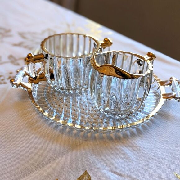 Vtg Jeannette Glass Creamer Sugar Bowl & Serving Tray Set Ribbed Gold Bubble - Picture 1 of 16